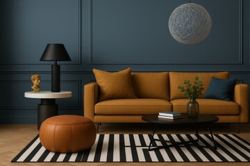 Bold Living Room with Mustard Sofa, Deep Blue Walls, and Modern Artistic Decor