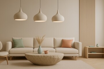 Minimalist Living Room with Cream Sofa, Sculptural Coffee Table, and Soft Pastel Accents 