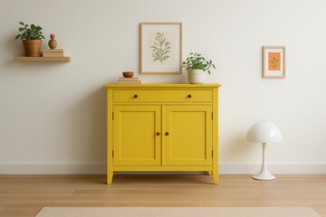 Bright Living Space with Yellow Cabinet, Minimalist Decor, and Natural Accents