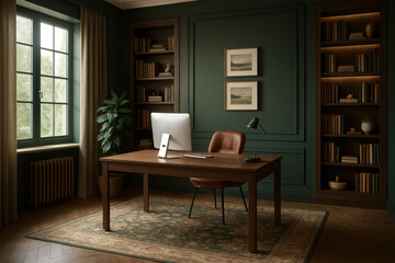 Elegant Home Office with Dark Green Walls, Wooden Desk, and Cozy Library Vibe 