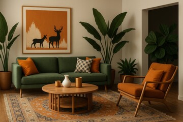 Stylish Living Room with Green Sofa, Orange Armchair, Nature-Inspired Art, and Cozy Decor