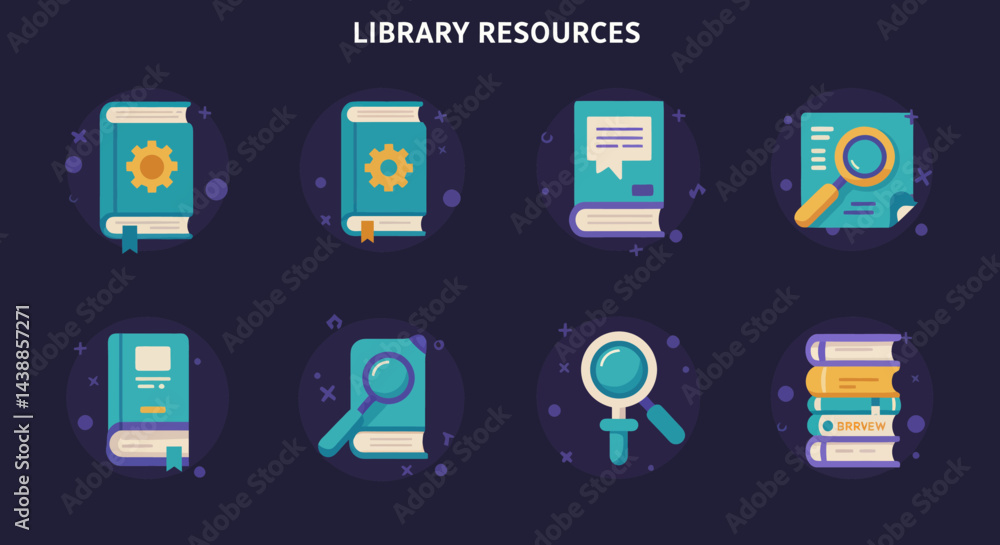 Poster library resources icons set for education and research colorful vector illustration concept perfect 