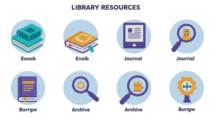 Fototapeta na wymiar Library resources concept featuring ebooks, journals, archives and books in a modern flat design style for educational and research materials access