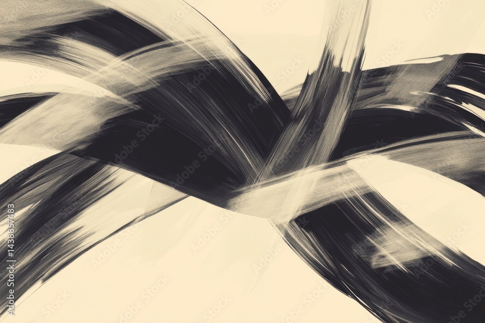Poster abstract painting with flowing brushstrokes in shades of black and light gray on a cream background.