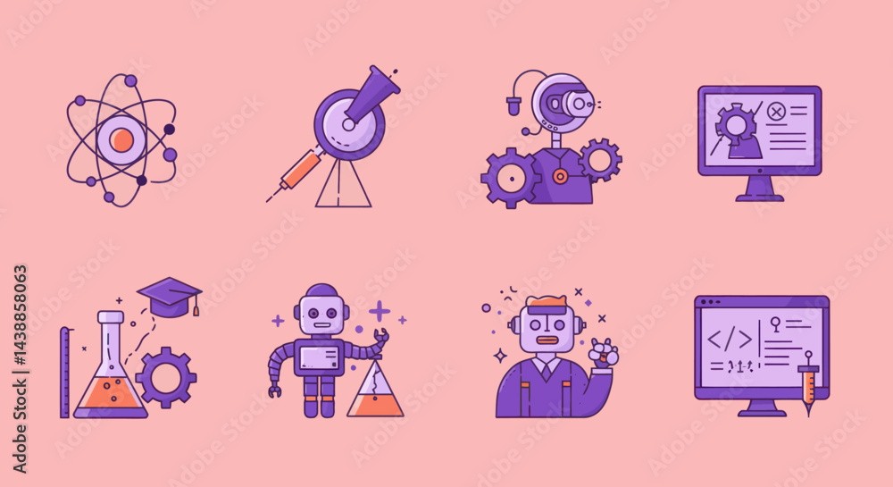 Poster science and technology icons symbolizing innovation in education research and development with atom 