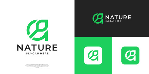 Minimalist nature logo with line art style. Geometric letter A with green leaf logo template.