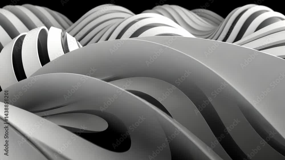 Aufkleber abstract 3d render: monochromatic wavescape of intertwined curves and shadows