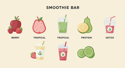 Smoothie bar menu with fresh fruit ingredients for healthy drinks vector illustration
