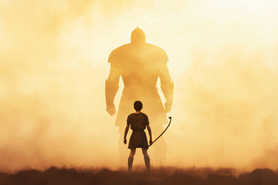 young David facing imposing Goliath from behind, slingshot in hand against misty battlefield backdrop