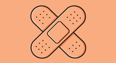 Two crossed adhesive bandages providing medical care and first aid treatment with a black outline on a peach background promoting health and healing