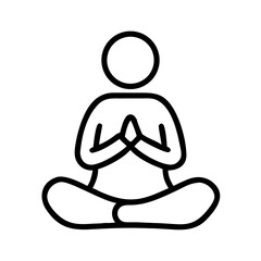 Minimalist black and white line icon of a person meditating in lotus pose with hands in prayer position, vector illustration symbolizing mindfulness and inner peace