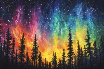 Fototapeta premium Colorful Night Sky Over Forest