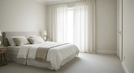 Fototapeta premium A minimalist bedroom with white walls, a bed with pillows, and sheer curtains covering a window