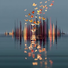 Abstract visual of sound waves turning into butterflies, freedom of expression through music, dreamlike style.