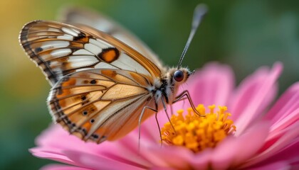 Naklejka premium A captivating close-up of a butterfly delicately feeding on a vibrant pink flower.