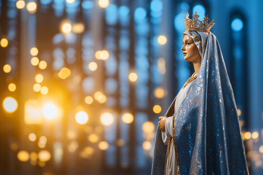 Nossa Senhora Aparecida statue, revered Brazilian Catholic icon with gentle features illuminated against soft bokeh background