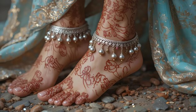 Close-up of a woman's feet adorned with intricate silver anklets and elaborate henna designs.