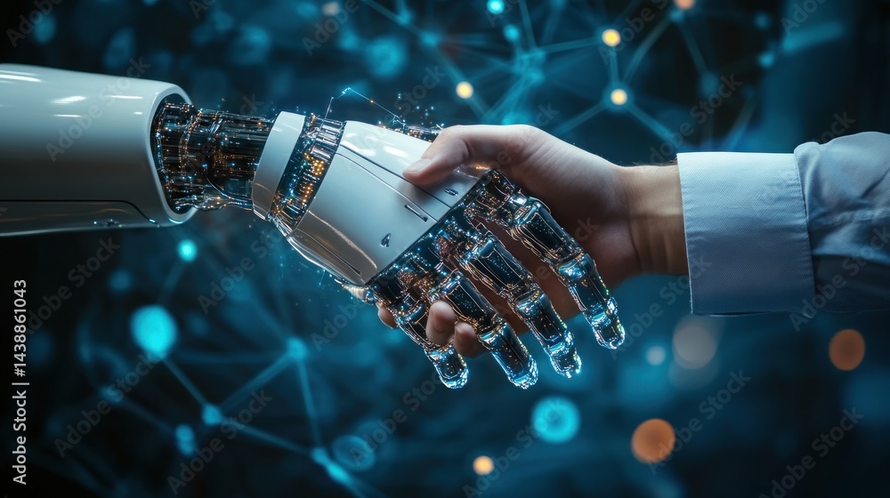 Poster futuristic handshake between human and robot. a symbolic representation of the merging of technology