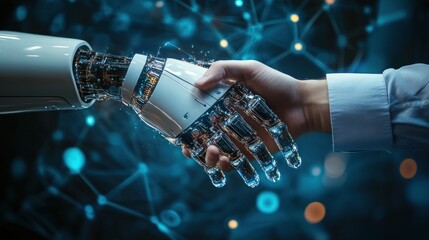Futuristic handshake between human and robot.  A symbolic representation of the merging of technology and humanity