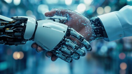 Futuristic robot and human handshaking.  A symbolic representation of collaboration between technology and humans in a blurred, modern industrial setting