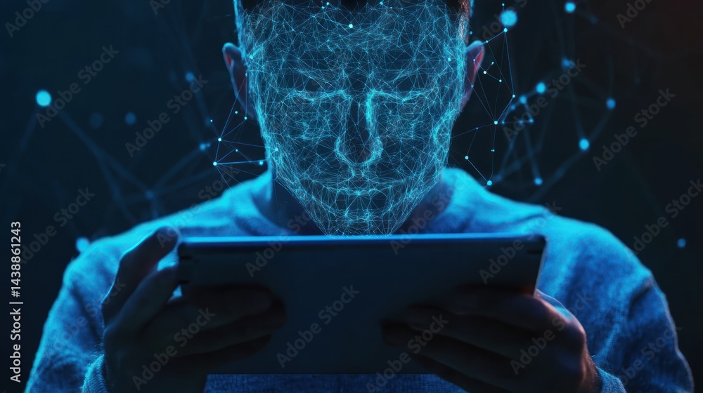 Poster digital face overlay on tablet user