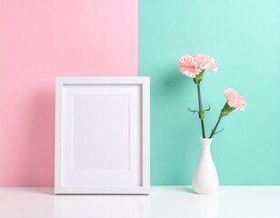 White Frame with Pink Carnations on Mint Background