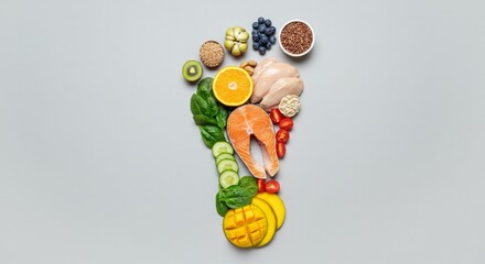 Fototapeta premium Colorful Nutritious Foods Arranged in a Footprint Shape on a Gray Background
