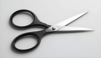 Close-up of a pair of scissors with black plastic handles and stainless steel blades.