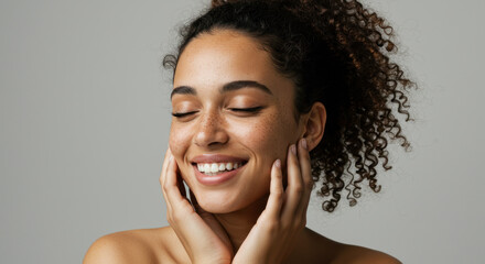  Radiant Beauty: Smiling Woman with Freckles & Curly Hair Embracing Skincare & Self-Care - Natural Glow, Healthy Skin, Confident Style