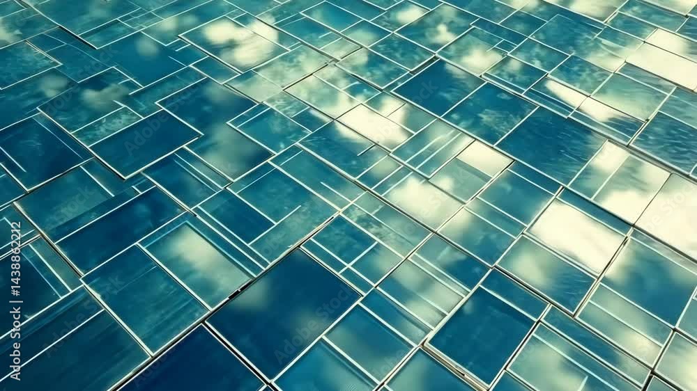 Poster reflective sky patterns on geometric glass surfaces capturing dynamic cloud movement