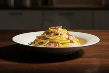 A professional, close-up photograph of a single plate of perfectly cooked Spaghetti alla Carbonara, a classic Italian dish.