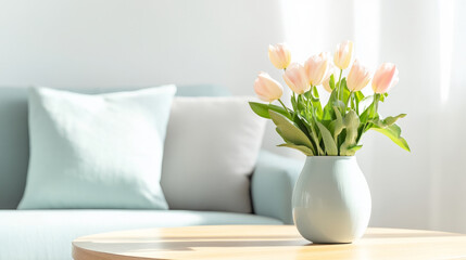 Minimal spring arrangement on living room table for modern interior design