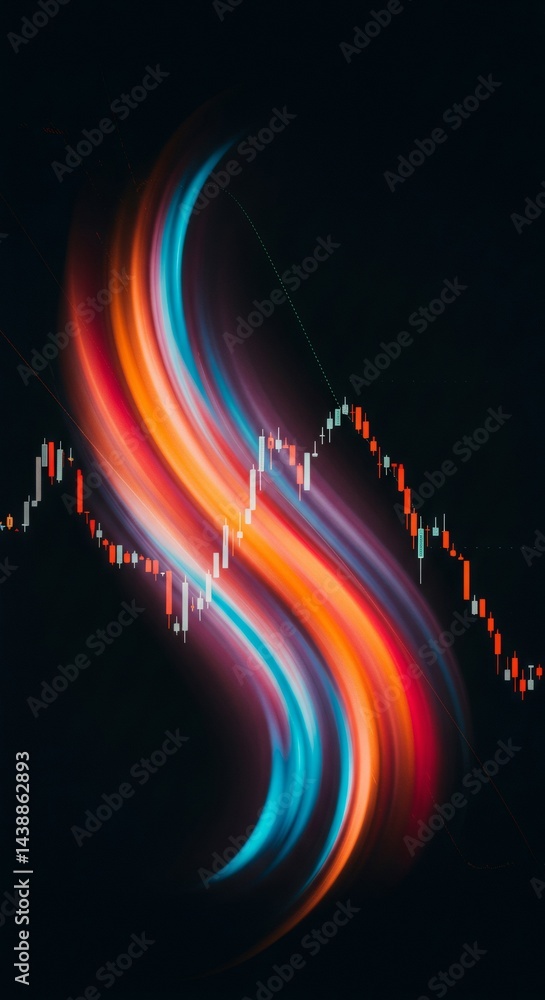 Poster colorful abstract waves on stock market chart background. dynamic financial data visualization. mode