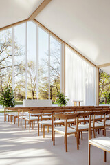 evangelical gathering site, pristine white tent sanctuary with meticulously arranged wooden seating