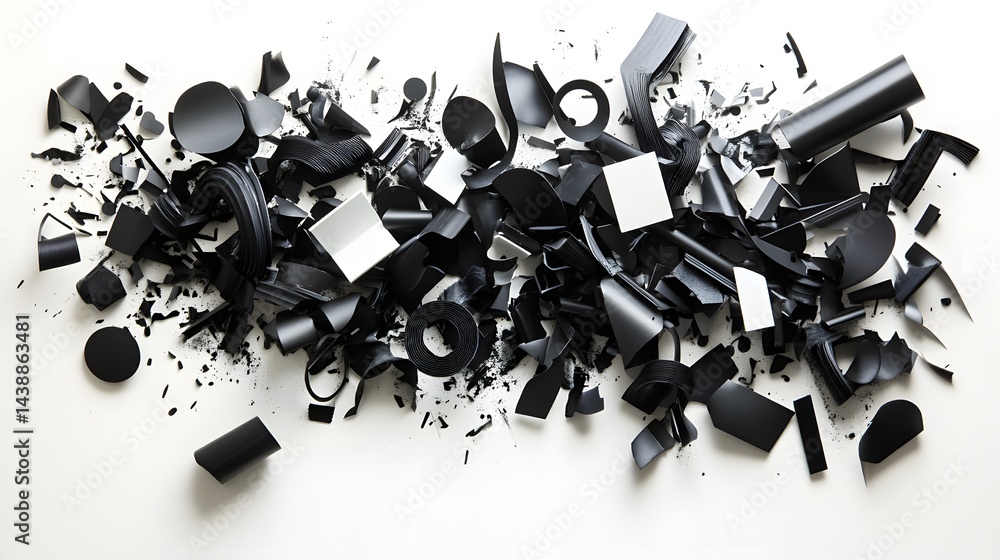 Poster a chaotic pile of shattered black and white shapes scattered on a white background. the fragments cr