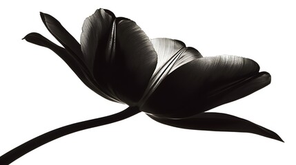 A dramatic black and white close-up of a single tulip, showcasing its elegant form and delicate petals against a stark white background. The image is high contrast and artistic.