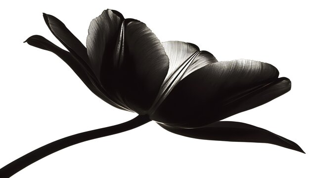 A dramatic black and white close-up of a single tulip, showcasing its elegant form and delicate petals against a stark white background. The image is high contrast and artistic.