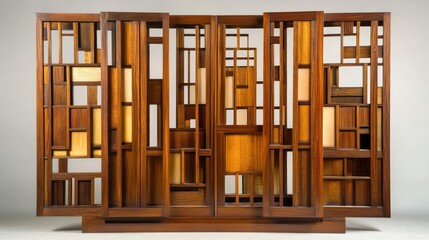 Mid-century modern wooden room divider, studio setting