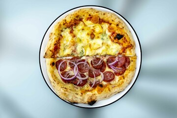 The most authentic Brazilian pizza, half pepperoni, onion and half four cheeses