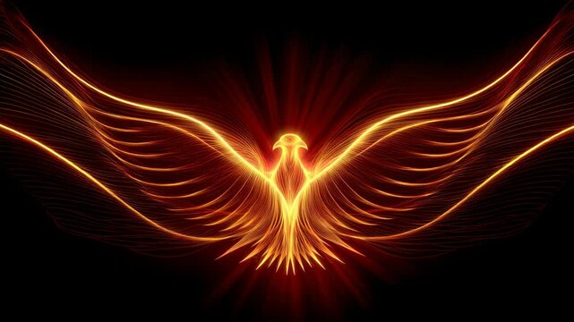 Fiery phoenix with glowing wings emanating light in black background.