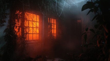 Eerie glow emanates from a vine-covered haunted house on a dark night