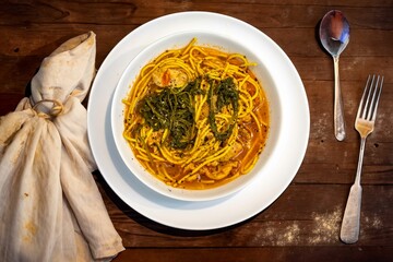 The most traditional Ukrainian soup, made with free-range chicken broth, homemade noodles and fresh parsley and chives, known as russil or rossil
