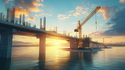 Sunrise over a modern elevated highway under construction.
