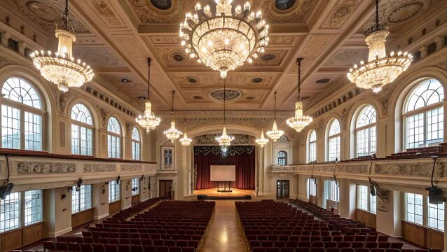 "Elegant grand ballroom with ornate chandeliers, arched windows, and luxurious decor."