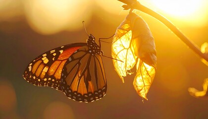 Macro shot of a butterfly emerging from its chrysalis at golden hour