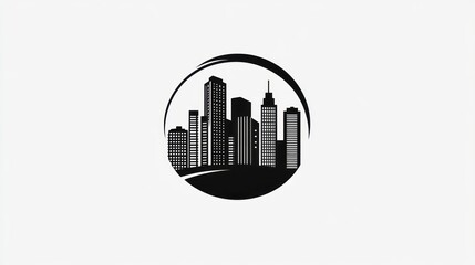 Monochrome cityscape logo in a circle.