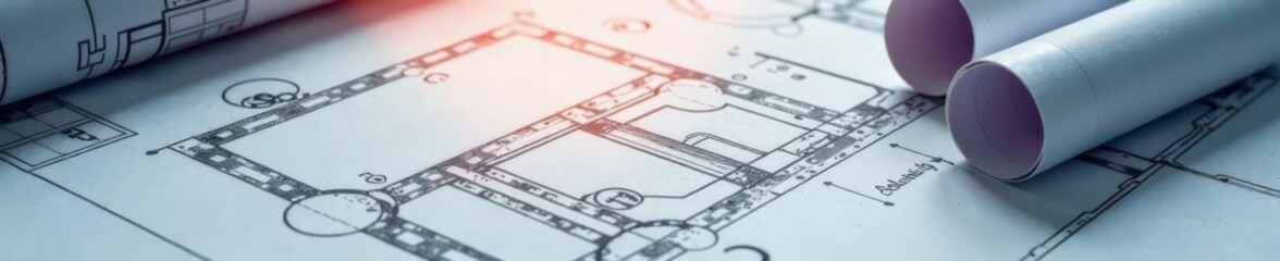 Architectural blueprint mockup with modern lighting on paper, blueprint, urban, building