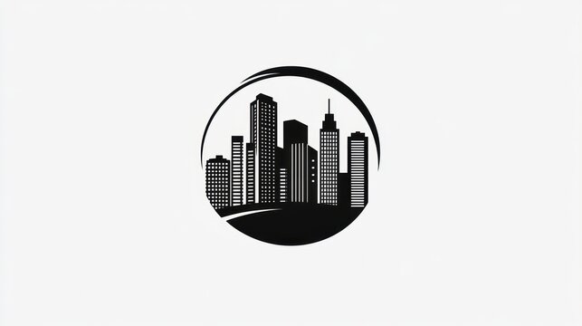 Monochrome cityscape logo in a circle.
