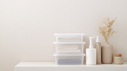 Home organization with transparent stackable storage bins and minimalist decor
