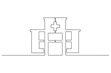 Continuous one line drawing of Hospital. Single line drawing illustration of Hospital building construction. Medical healthcare concept vector art. Doodle line illustration.